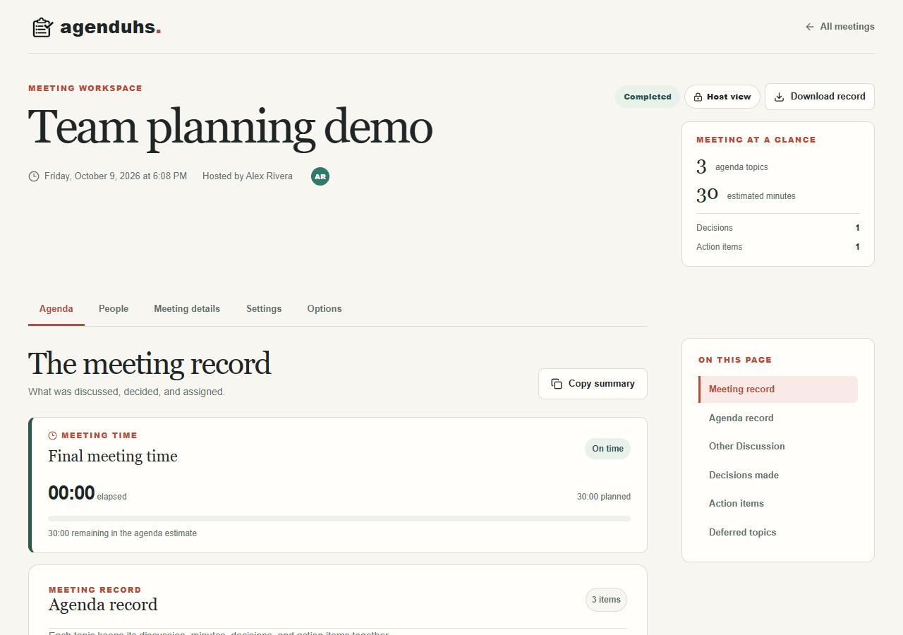 Completed meeting workspace with agenda and meeting record