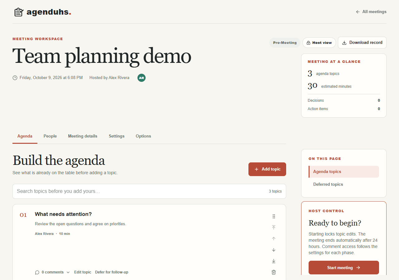 Pre-meeting Agenda tab with three prepared topics