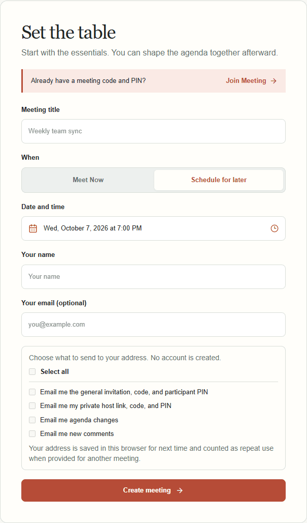 Meeting creation form with Meet Now and Schedule for later choices