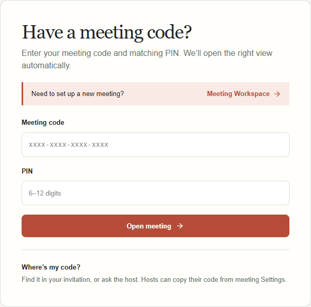 Join Meeting form with fields for meeting code and PIN